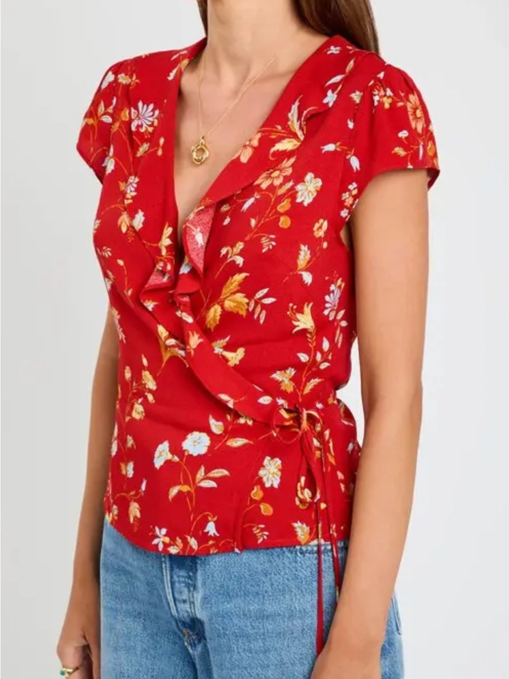 Reformation Red Floral Ruffle Wrap Top - Picture 3 of 11